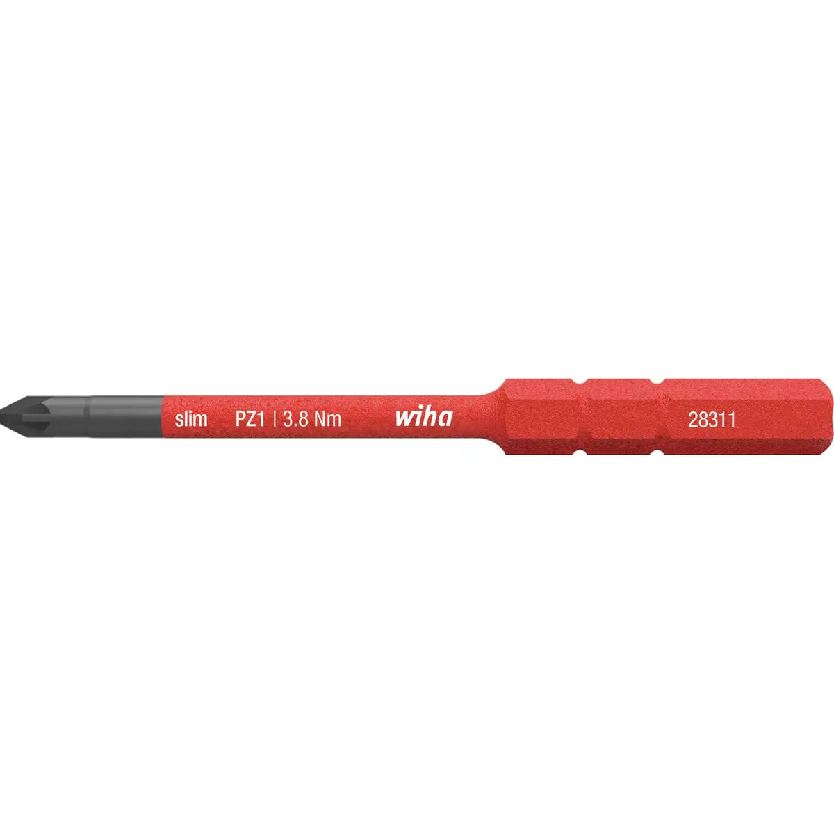 Pozidriv PZ1 – Red slim screwdriver bit with PZ1 tip and torque rating of 3.8 Nm.