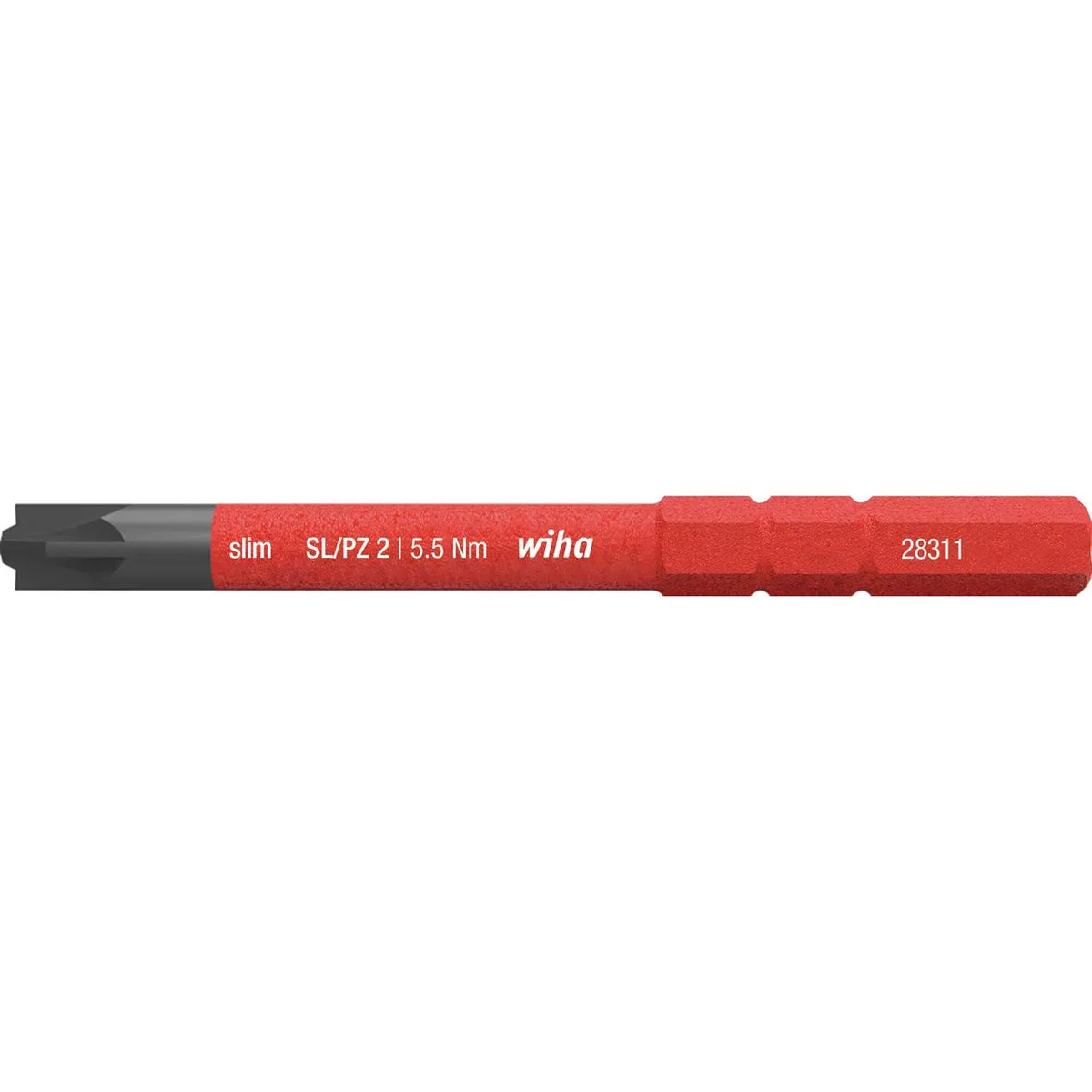 PlusMinus SL/PZ2 – Red and black screwdriver bit with text "slim SL/PZ 2 | 5.5 Nm wiha" and number "28311".