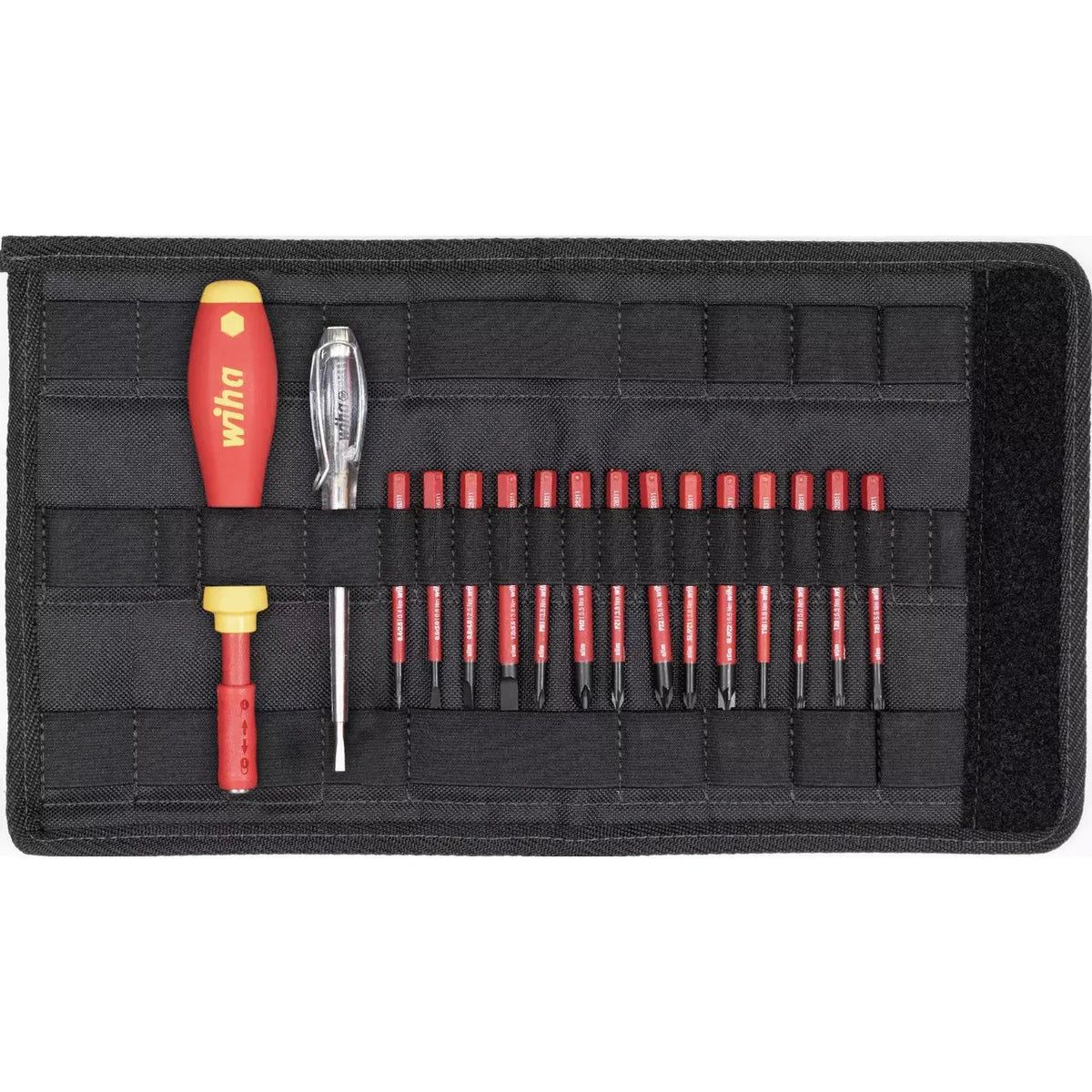 17-piece – Mixed – Electric screwdriver set with multiple red bits in a black fabric case.