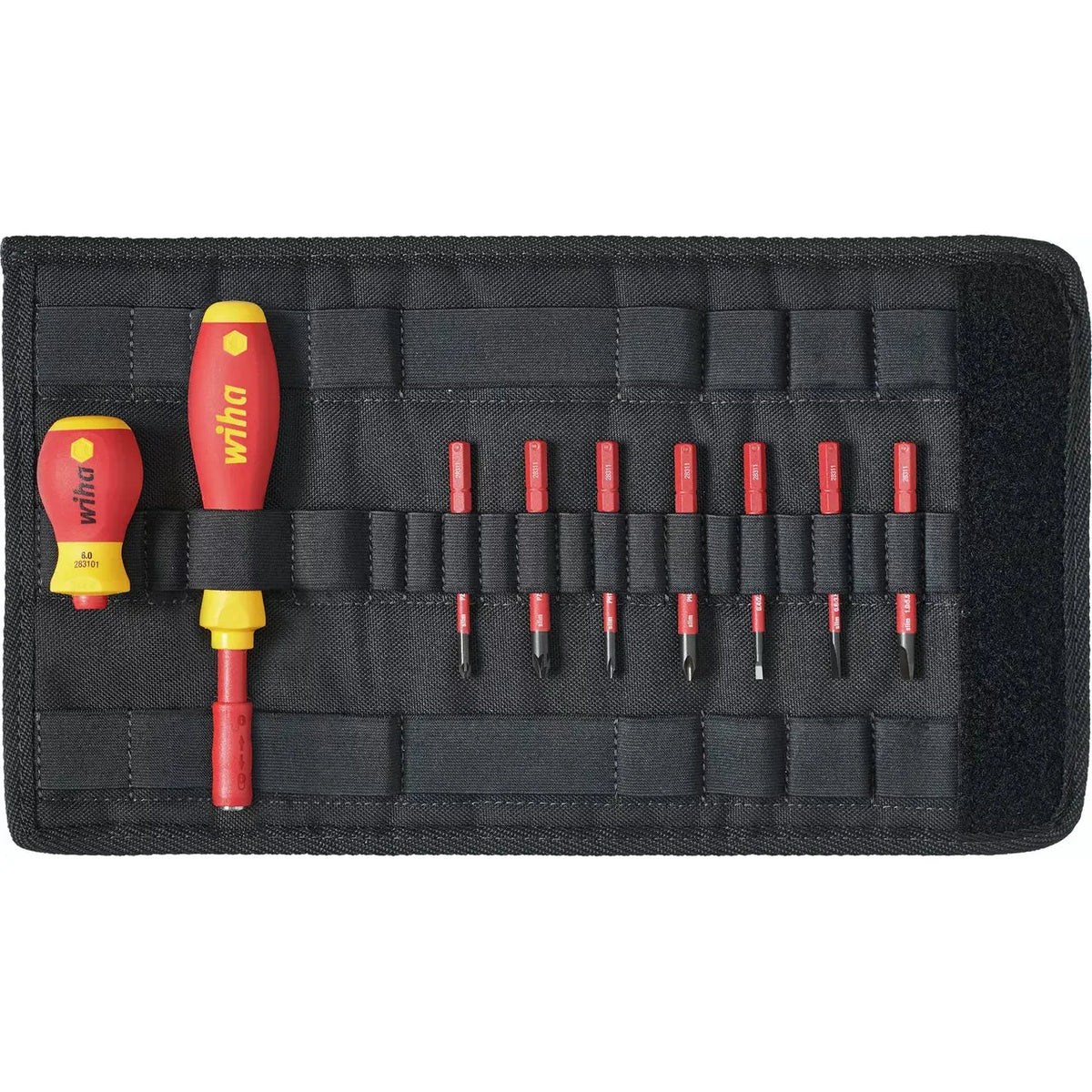 10-piece – Slotted, Phillips & Pozidriv – Set of red and yellow screwdrivers and bits in a black fabric holder.