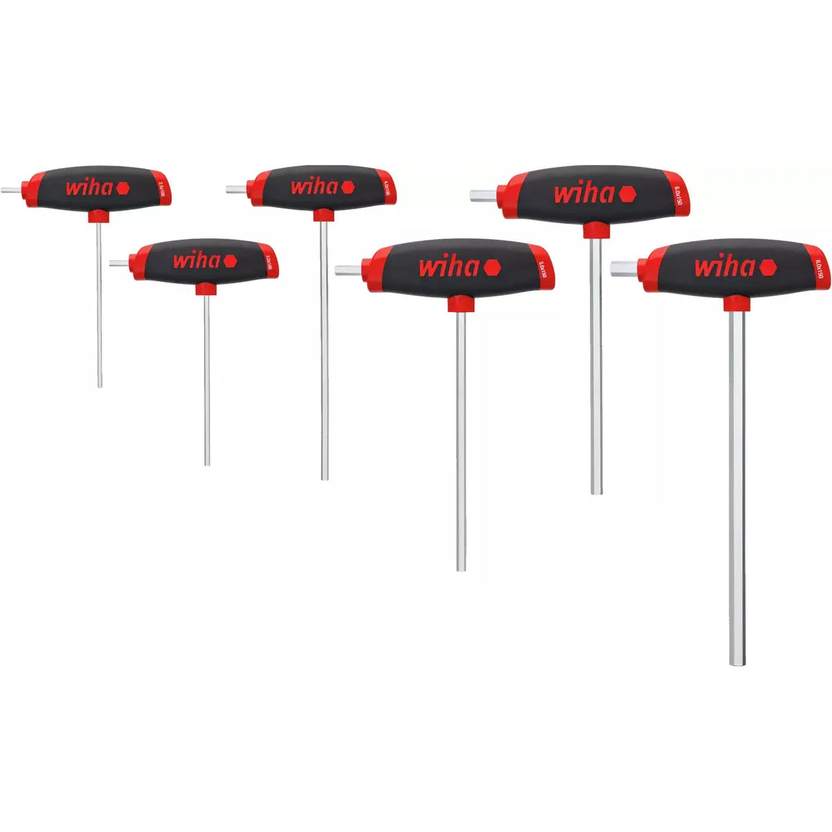 A set of six L-keys with red and black handles, featuring chrome shafts.