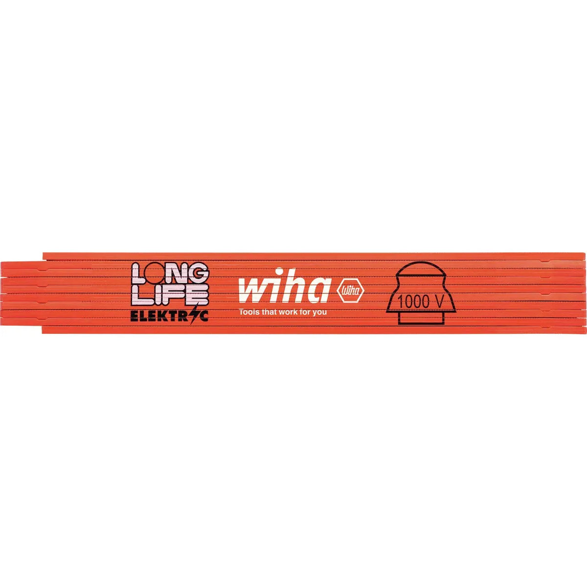 Orange folding ruler with electrical safety markings and branding