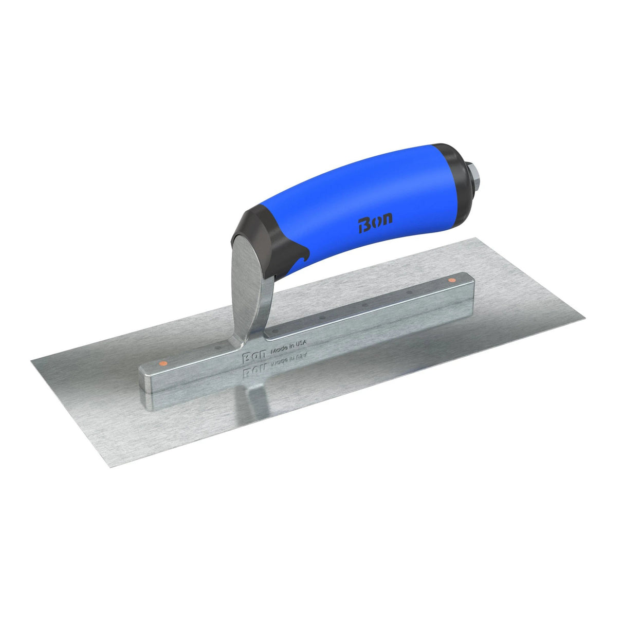 Metal finishing trowel with blue handle on a white background
