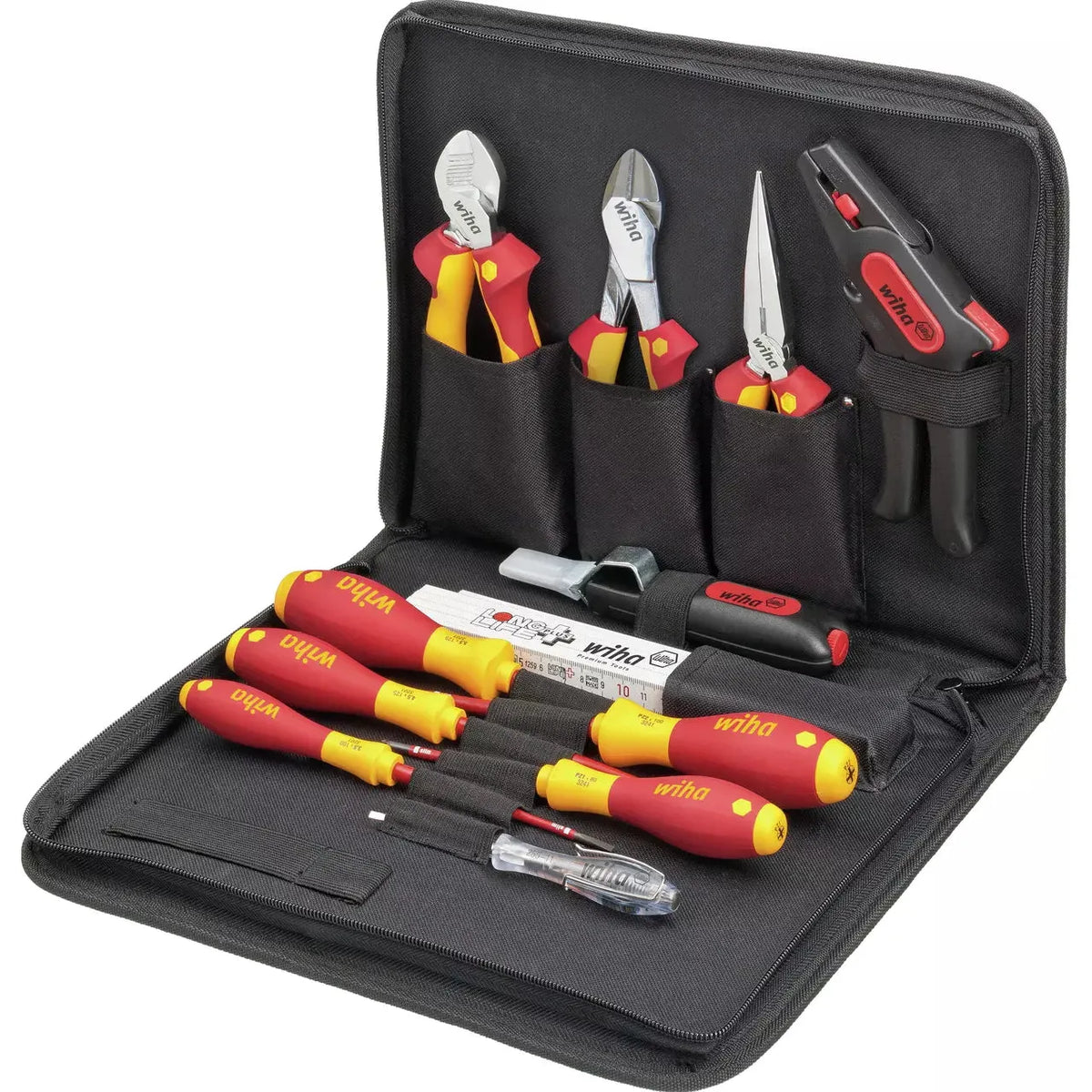 Black tool set with various insulated tools, including screwdrivers and pliers, in a zippered case.