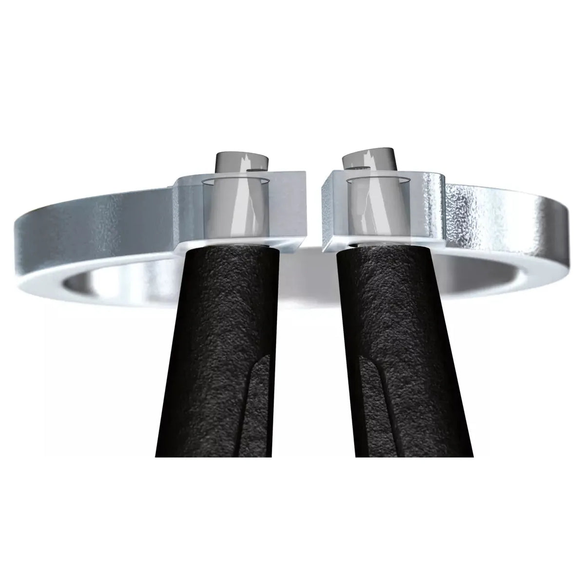 Snap ring pliers with black handles holding a metal ring