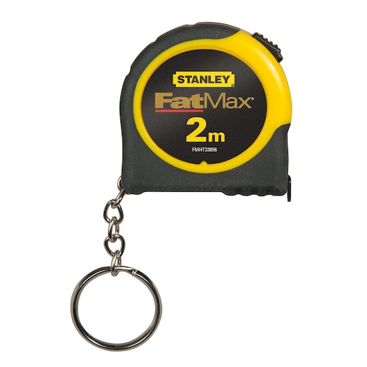 STANLEY FMHT1-33856 FatMax 2m tape measure keychain, black and yellow, front view on white background.