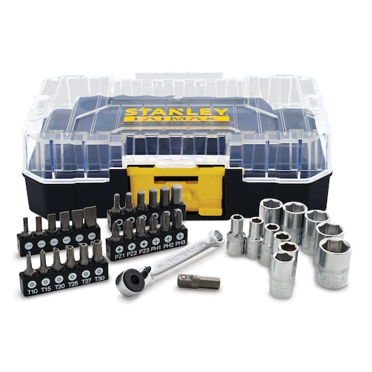 Photo of STANLEY FMMT19101-0 socket and bit set with ratchet, displayed in front of clear-lid storage case.