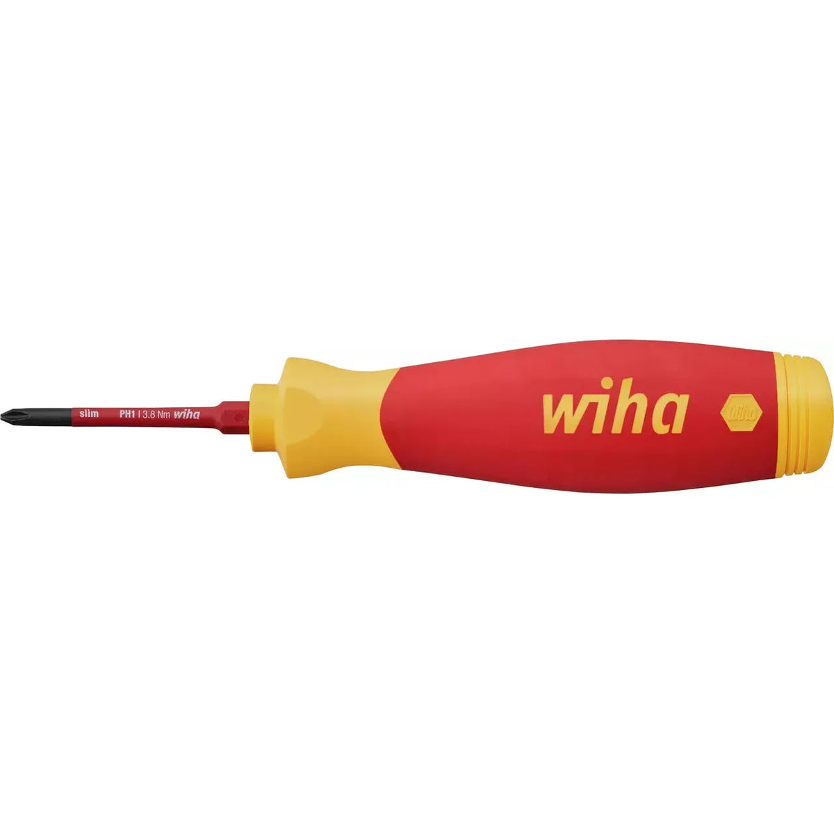 Electric screwdriver with red and yellow handle, Phillips head visible.
