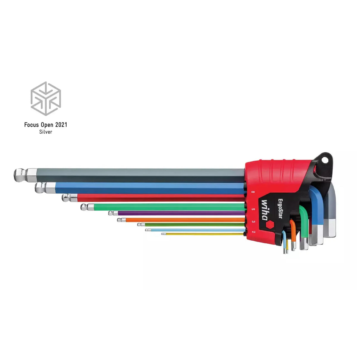 Wiha L-key set in ErgoStar holder – Hexagonal ball end, 9-pcs. in luminescent colour in SB-cardboard packaging