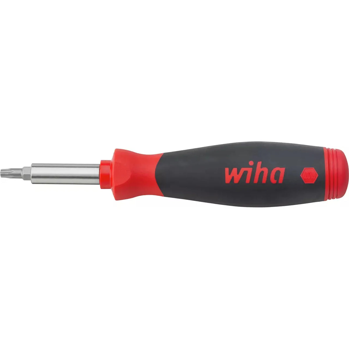 Screwdriver with black and red handle and metal shaft.