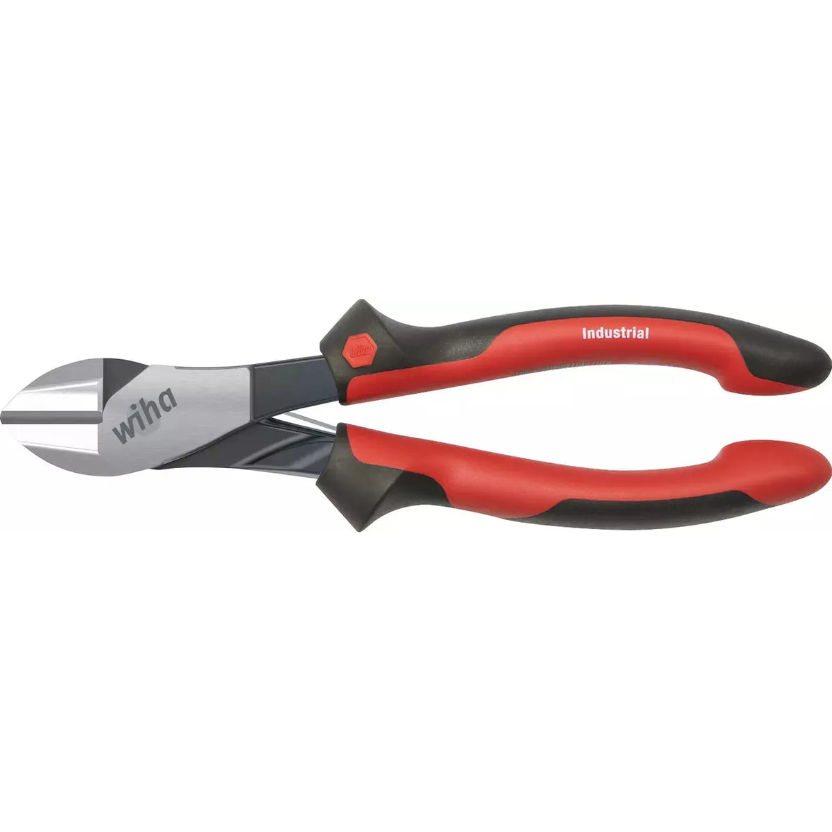 Red and black industrial diagonal cutter with metallic jaws and ergonomic handles.