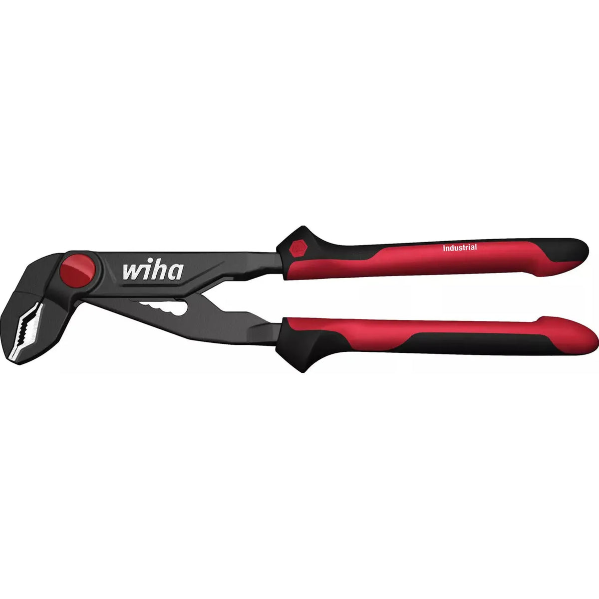 Red and black water pump pliers with adjustable jaws and ergonomic handles.
