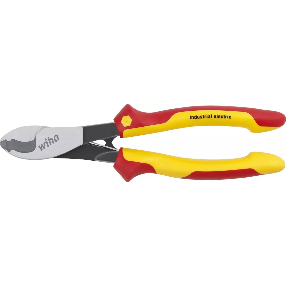 Cable cutter with red and yellow insulated handles, labeled "Industrial electric", metal blades visible.