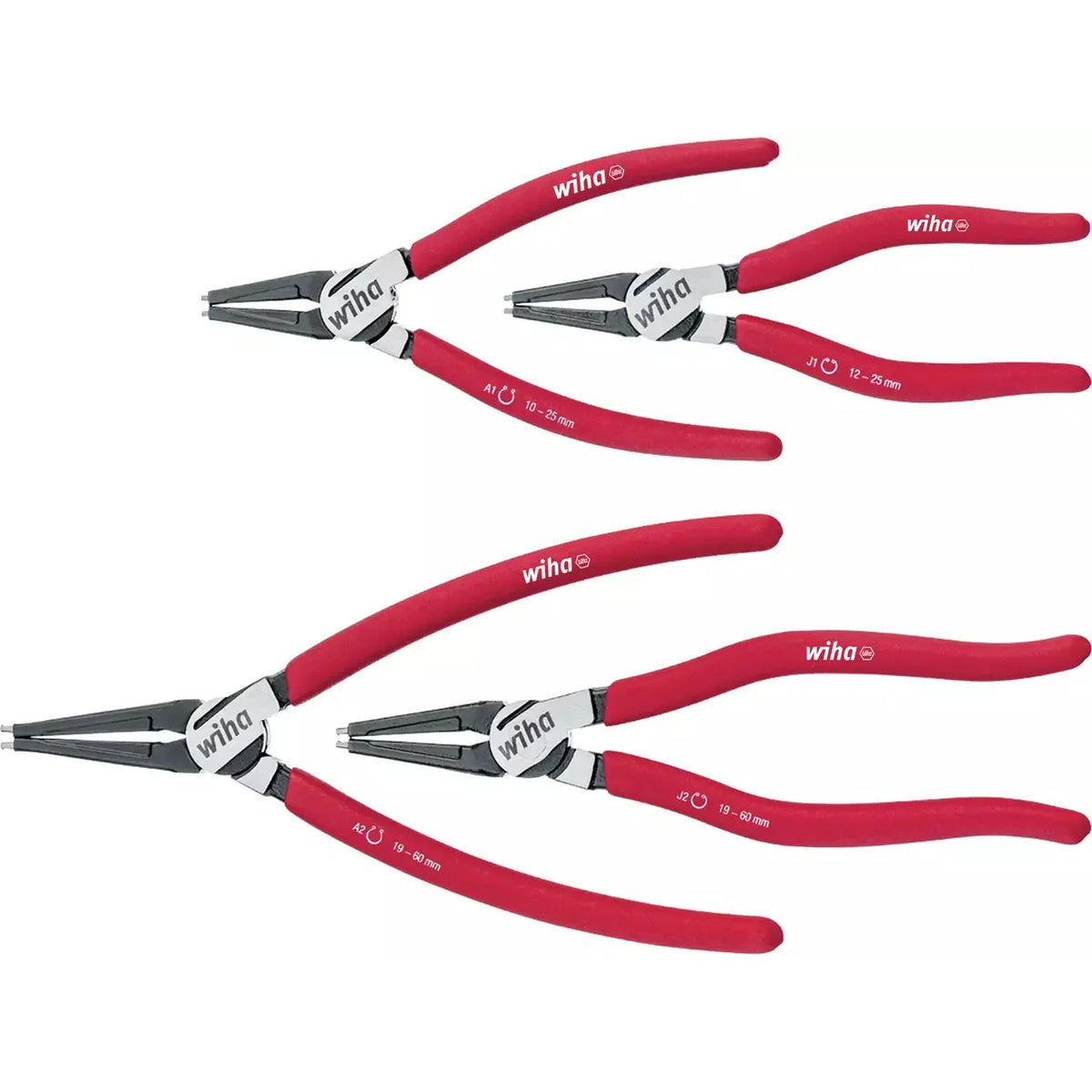 Red-handled snap ring pliers, various sizes, with black tips and metal joints.