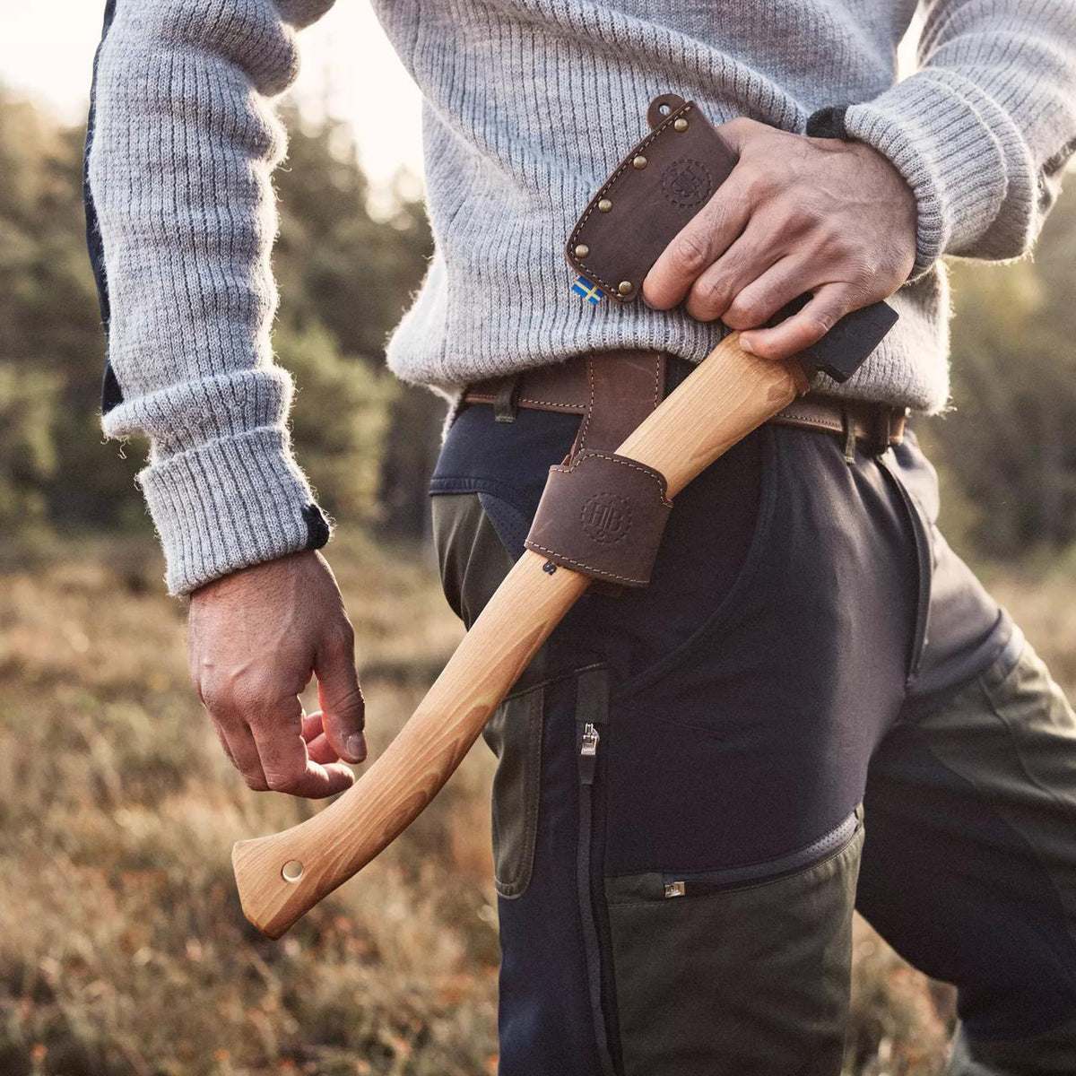 Hultafors leather holster carrying an axe