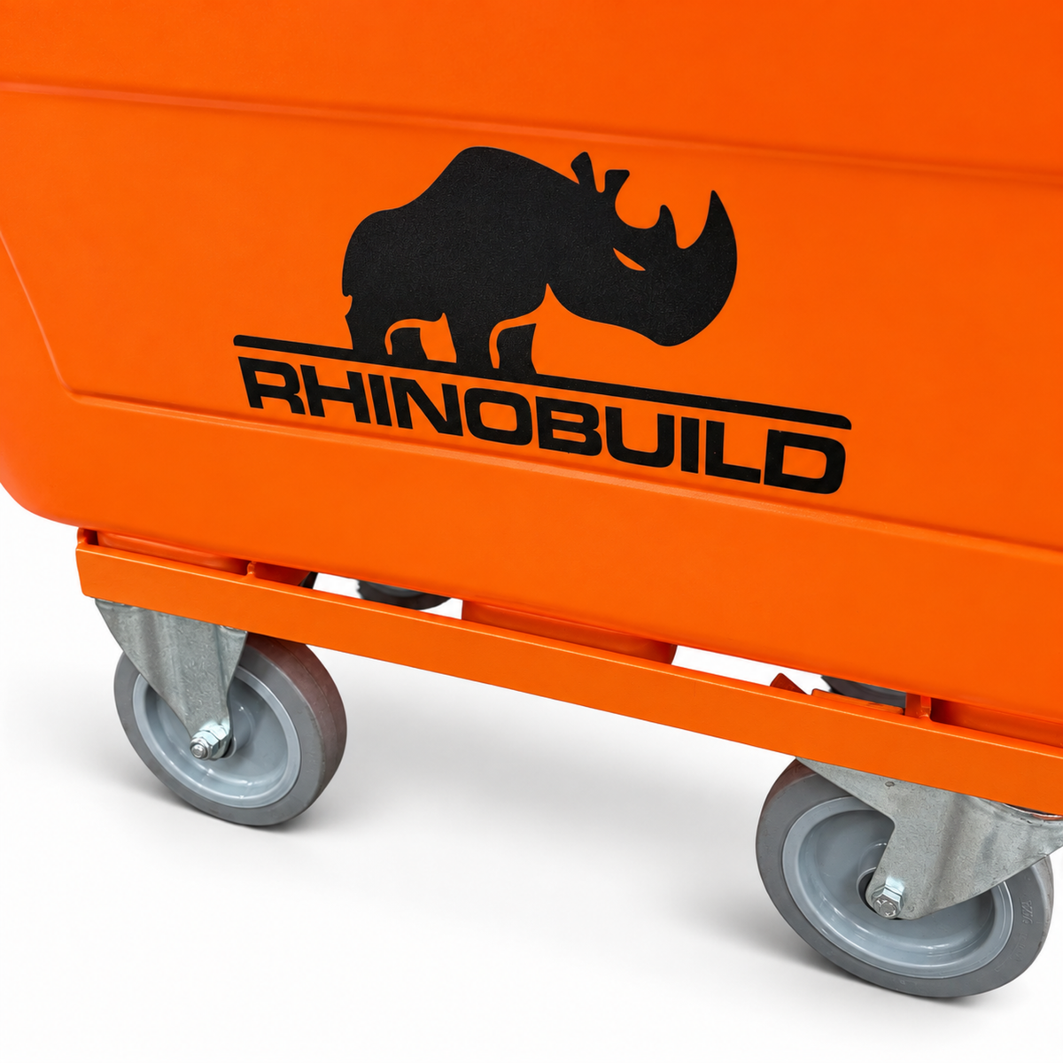 Rhinobuild RhinoTub Roll orange chassis, castors and branding detail