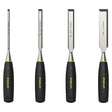 STANLEY 0-16-130 chisel set with blue handles, sharpening stone, and honing guide in white plastic case, angled view.