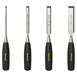 STANLEY 0-16-130 chisel set with blue handles, sharpening stone, and honing guide in white plastic case, angled view.