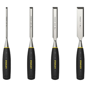 STANLEY 0-16-130 chisel set with blue handles, sharpening stone, and honing guide in white plastic case, angled view.