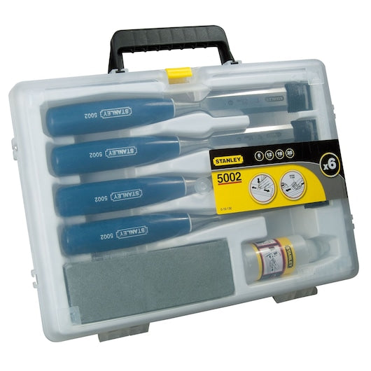 STANLEY 0-16-130 chisel set in transparent plastic case, blue handles, sharpening stone, front angle.