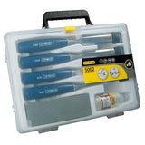 STANLEY 0-16-130 chisel set in transparent plastic case, blue handles, sharpening stone, front angle.