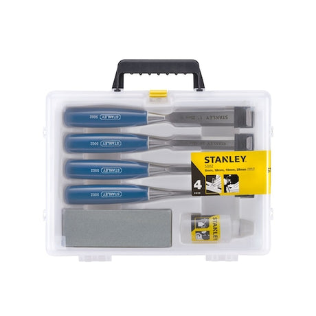 STANLEY 0-16-130 chisel set with blue handles in transparent plastic case, photographed from above.
