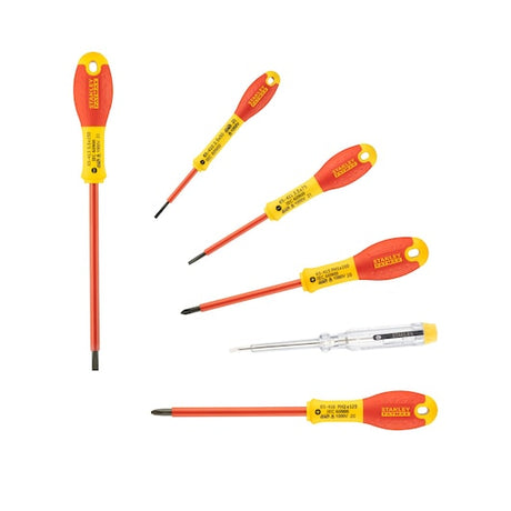 STANLEY 0-65-441 insulated screwdriver set with red and yellow handles, seven pieces, flat lay, white background.