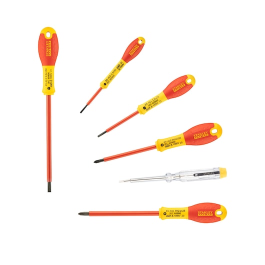 STANLEY 0-65-441 insulated screwdriver set with red and yellow handles, seven pieces, flat lay, white background.