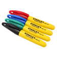 STANLEY 1-47-329 permanent marker set, yellow body, fine tip, red, blue, green, black caps, side angle.