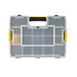 STANLEY 1-94-745 transparent plastic organizer with yellow latches, top view on white background.