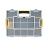 STANLEY 1-94-745 transparent plastic organizer with yellow latches, top view on white background.