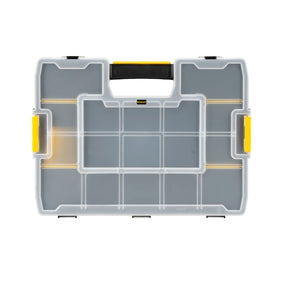 STANLEY 1-94-745 transparent plastic organizer with yellow latches, top view on white background.