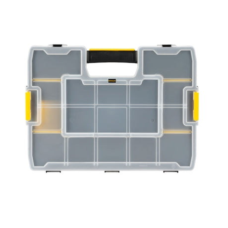 STANLEY 1-94-745 transparent plastic organizer with yellow latches, top view on white background.