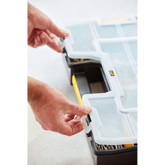 Photo of STANLEY 1-94-745 organizer box with clear lid being opened, black and yellow plastic compartments.