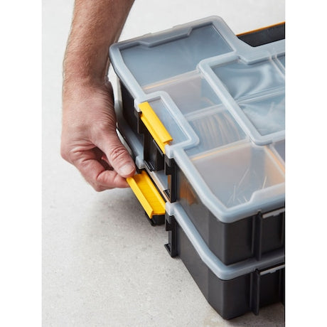 STANLEY 1-94-745 small parts organizer with yellow latch, clear lid, shown stacked, close-up.