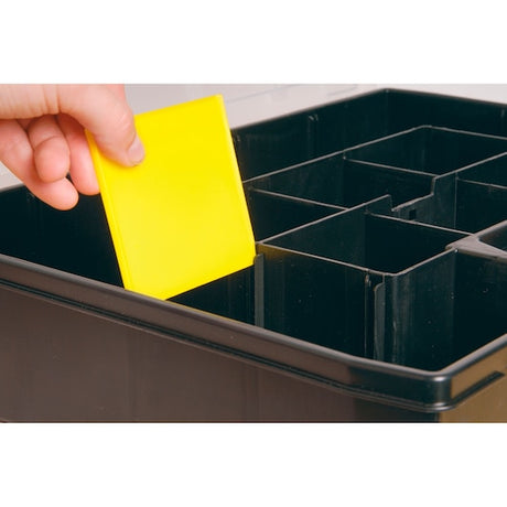 STANLEY 1-94-745 organizer box close-up with hand inserting yellow divider in black compartments.