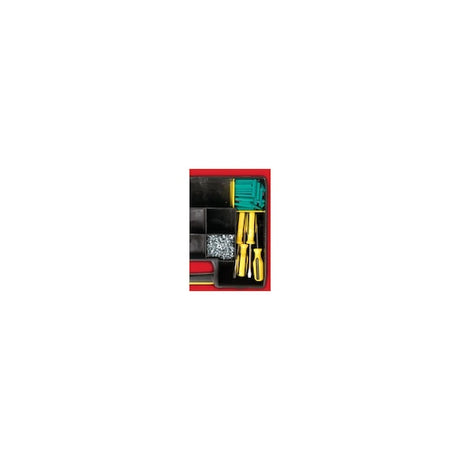 STANLEY 1-94-745 tool box with yellow screwdrivers and green organizer, top view photography.