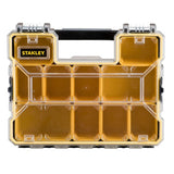 STANLEY 1-97-518 yellow plastic organizer box with clear lid, top view, compartment storage.