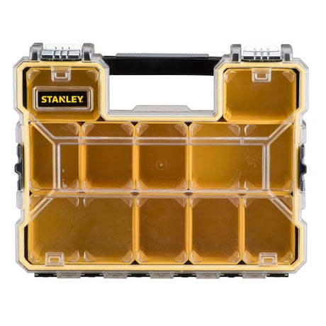 STANLEY 1-97-518 yellow plastic organizer box with clear lid, top view, compartment storage.