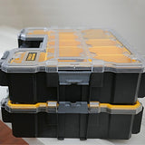 STANLEY 1-97-518 stackable organizer box, black and yellow, side angle, with clear lid compartments.