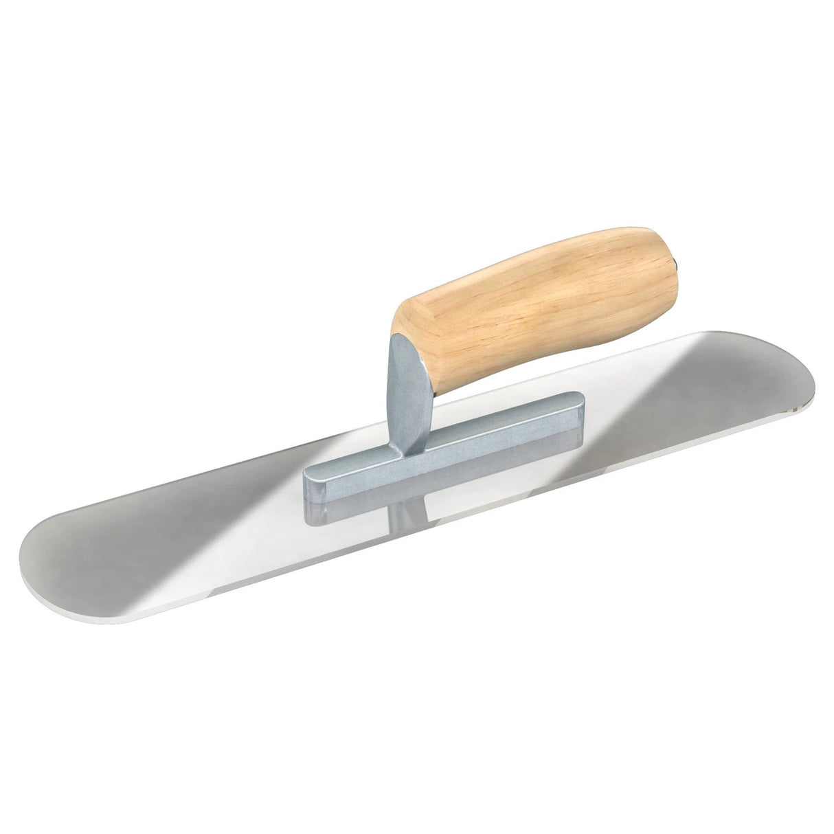 Bon Tool Plexiglass pool trowel with short shank, camel back wood handle, and flexible rounded blade.