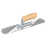 Bon Tool Plexiglass pool trowel with short shank, camel back wood handle, and flexible rounded blade.