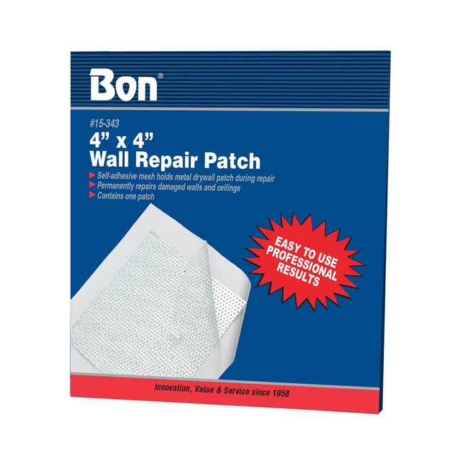Bon Wall Repair Patch Aluminium, 4x4 in, self-adhesive and rustproof, sold in a single package.