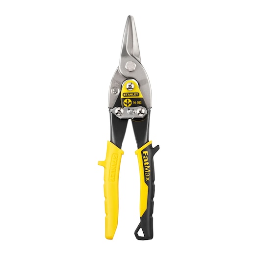 STANLEY 2-14-563 aviation snip with yellow and black handles, front angle on white background.
