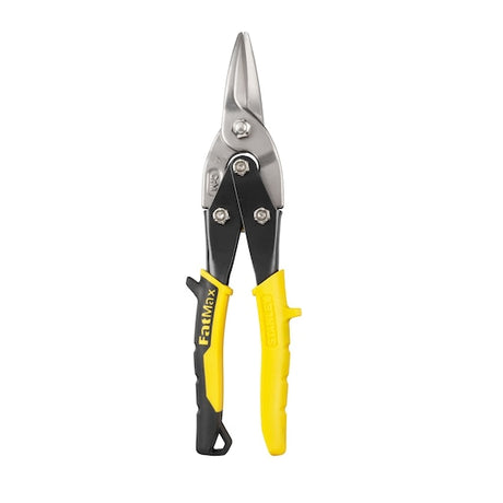 Photo of STANLEY 2-14-563 aviation snips with black and yellow handles, front angle on white background.