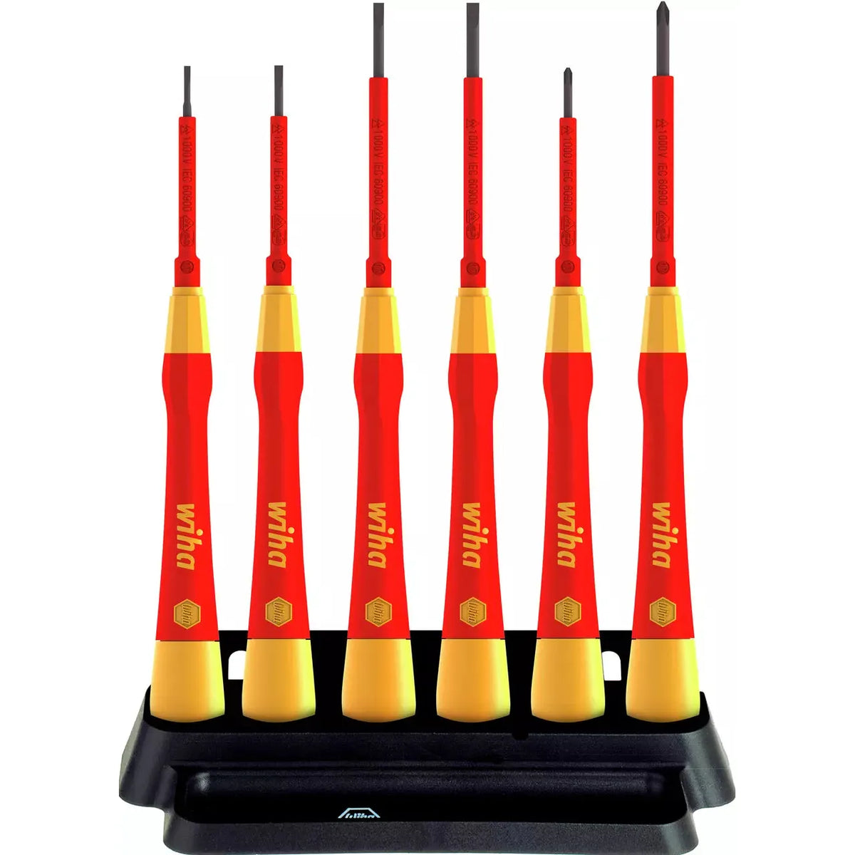 Set of red and yellow precision screwdrivers in a black holder