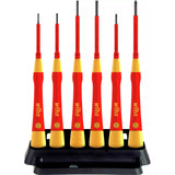 Set of red and yellow precision screwdrivers in a black holder