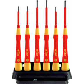 Set of red and yellow precision screwdrivers in a black holder