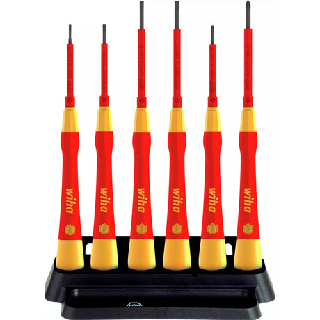 Set of red and yellow precision screwdrivers in a black holder