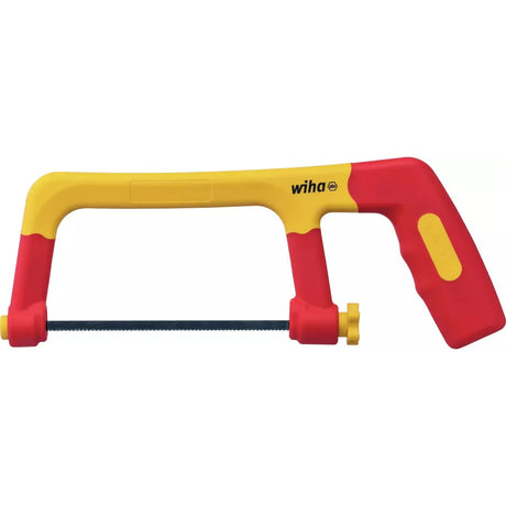Red and yellow hacksaw with a plastic handle and a thin metal blade.